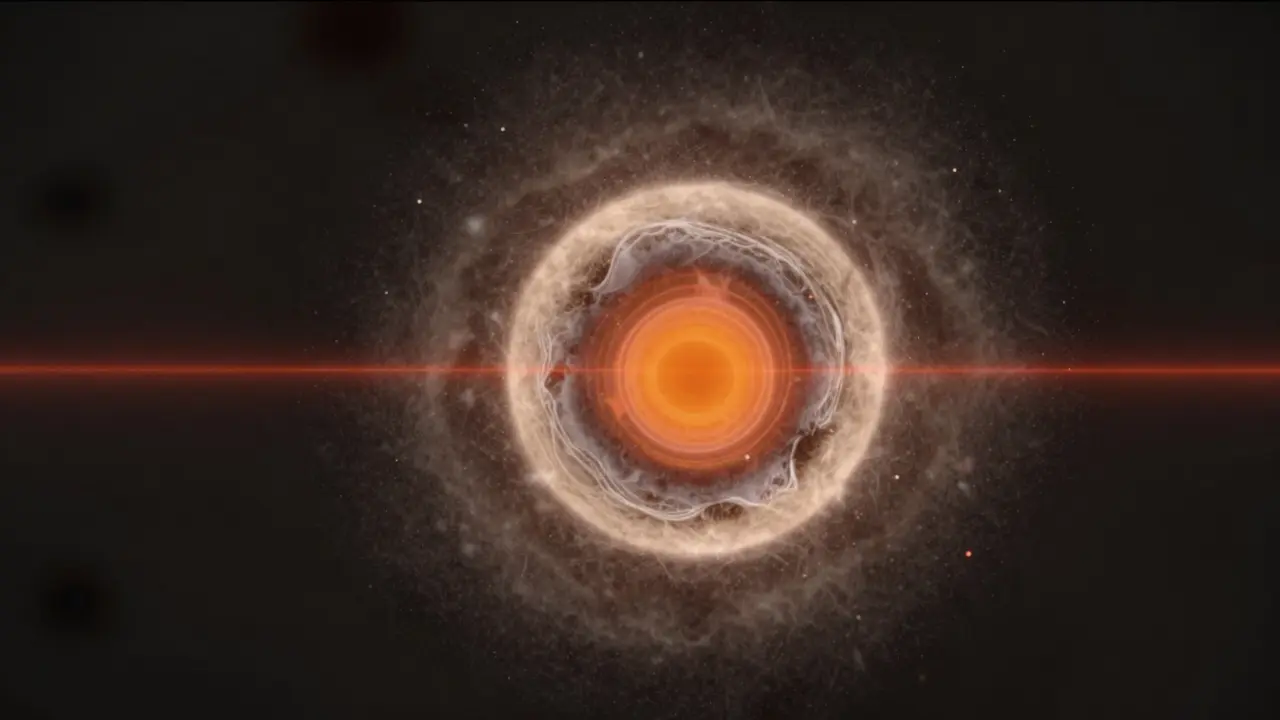 A burning fuel droplet surrounded by a dense shell of soot in space, emitting radiant heat.