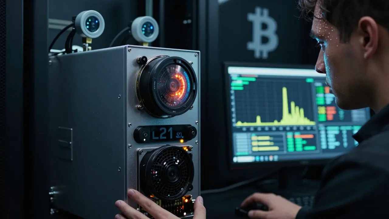 A close-up of an Antminer ASIC rig in a server room with real-time mining stats on a monitor and a miner observing it.