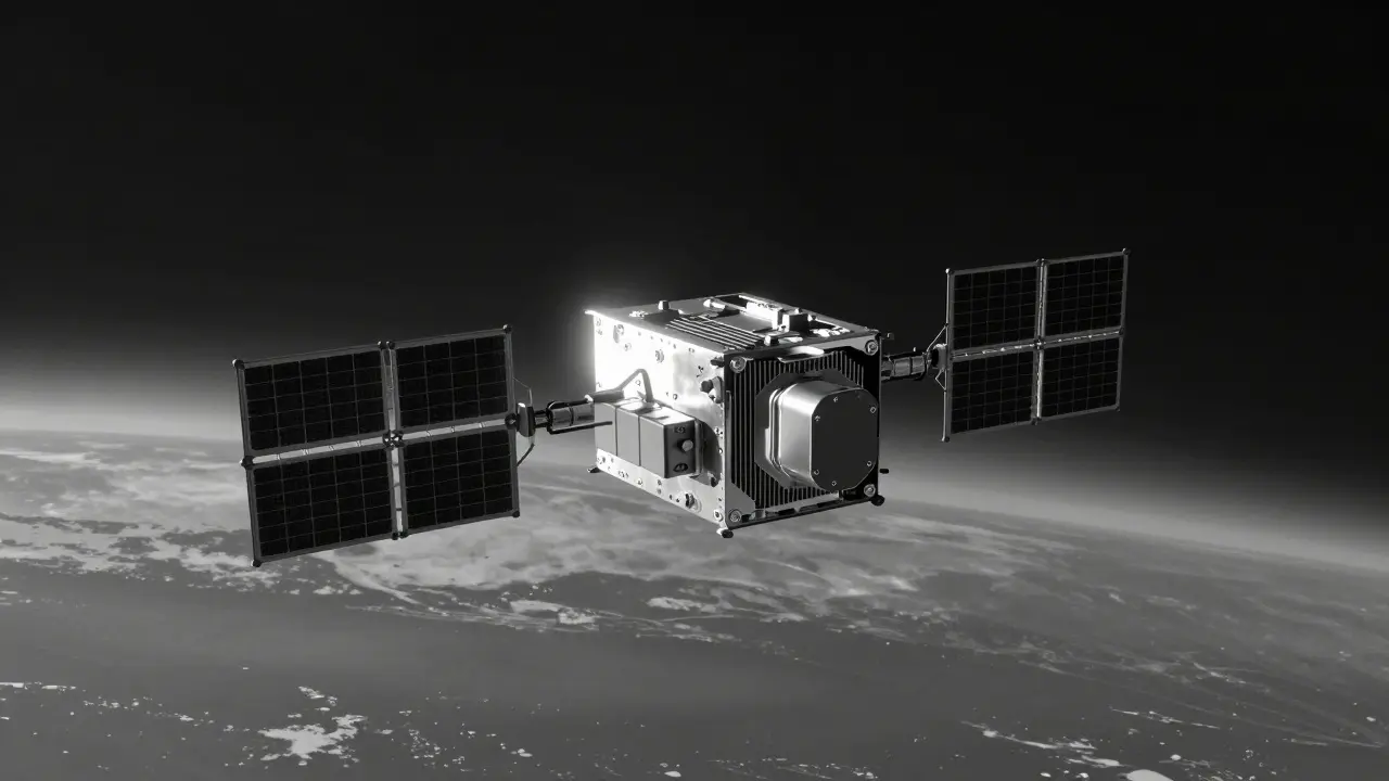 A compact CubeSat in orbit with integrated solar cells and batteries, its casing acting as a heat sink while entering eclipse.