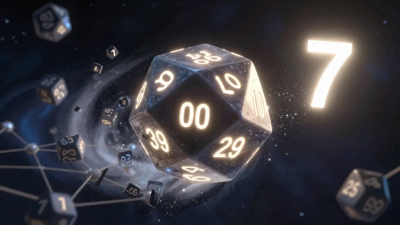 A conceptual image of a giant die rolling with failed hash attempts dissolving, one successful roll forming a blockchain block.