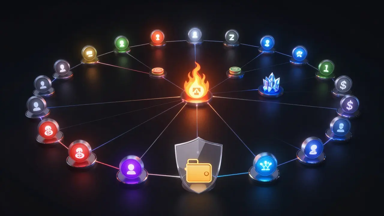 A constellation of validator nodes linked by pulsing light lines, protecting a token transfer with a zk-proof shield.