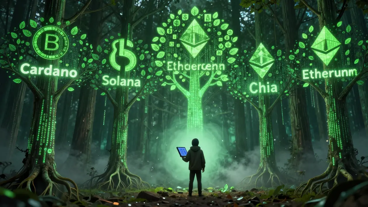 A forest of digital blockchain trees with glowing roots and crypto symbols as leaves, a miner standing below with a solar device.