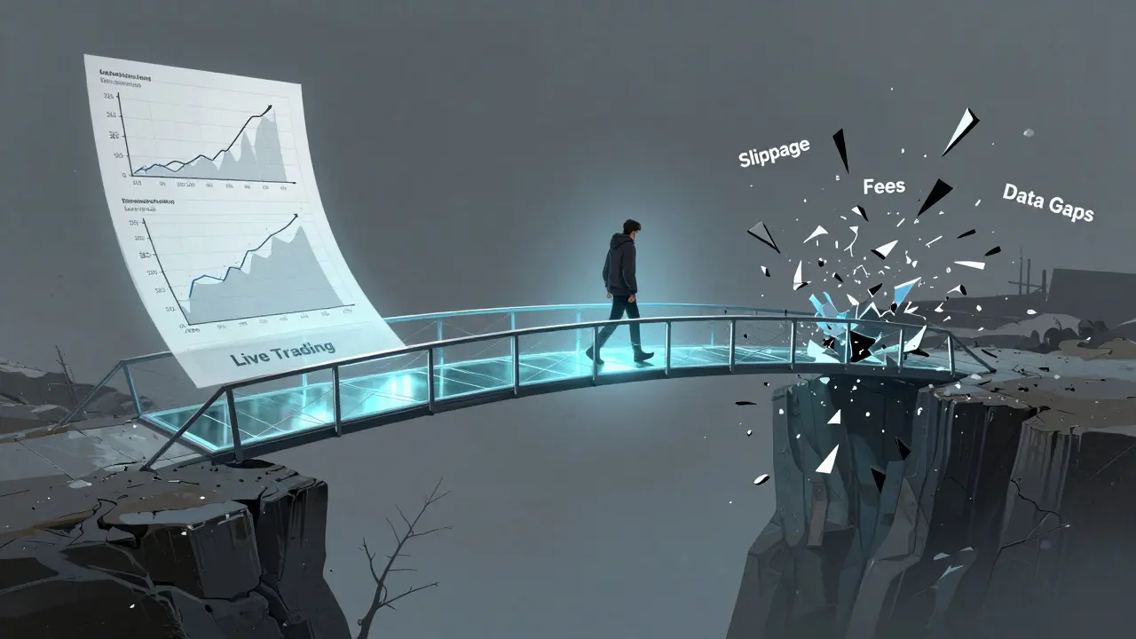 A fragile bridge of backtested profits crumbling into hazards like slippage and data gaps, with a hesitant trader on the edge.