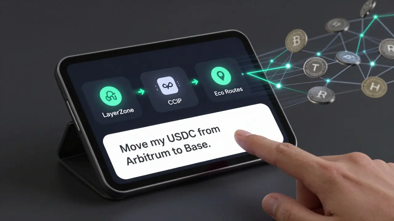A hand interacting with a wallet interface showing automatic cross-chain routing paths for USDC transfer.