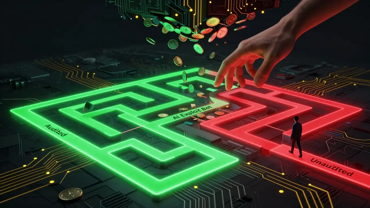 A labyrinth of smart contract paths glows red and green, with an AI bot reaching down to collapse a path of falling coins.