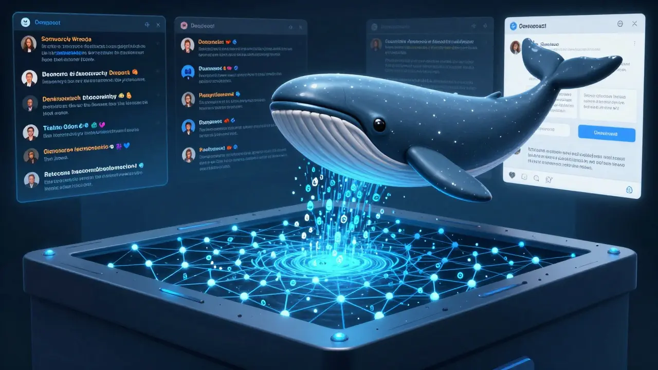 A large whale-shaped wallet overshadowing a river of governance tokens flowing into a blockchain ballot box.