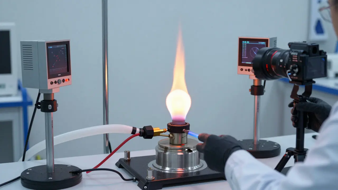A precision burner in a space lab producing a perfect flame, monitored by scientific instruments.