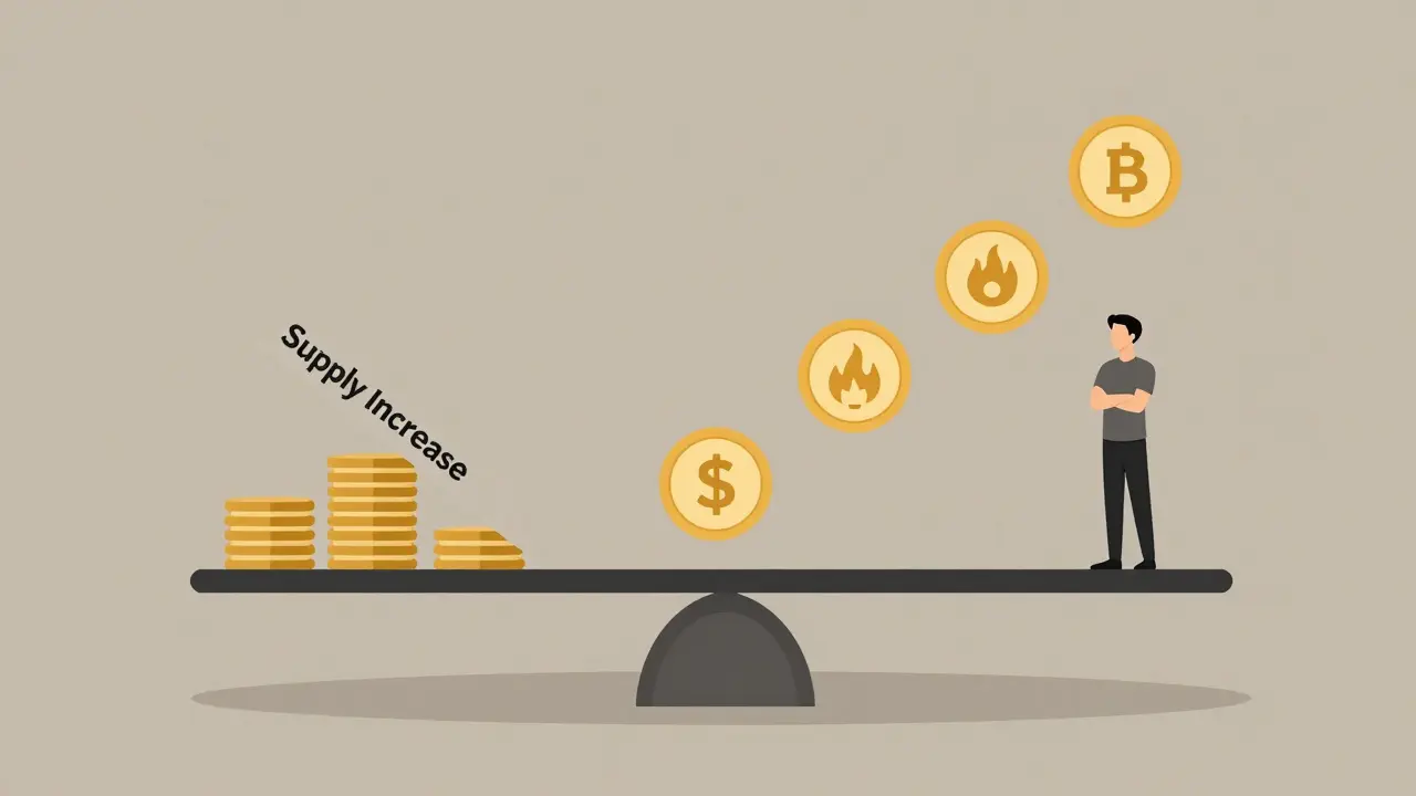 A scale balancing token supply against economic safeguards like burns and buybacks, with an investor observing.