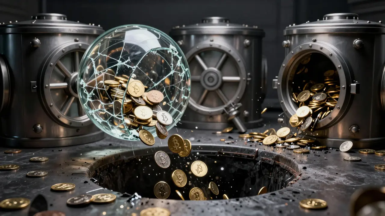 A shattered vault dome with crypto coins falling into darkness as other vaults collapse in chain reaction.