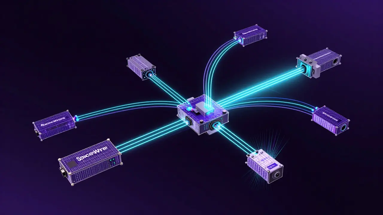 Abstract visualization of glowing data pathways inside a satellite system.
