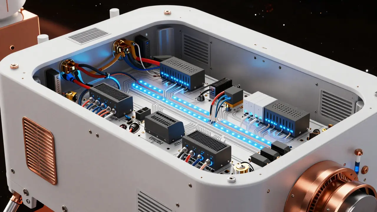 An internal cross-section view of a spacecraft's Power Distribution Unit showing circuitry, switches, and regulated power lines.