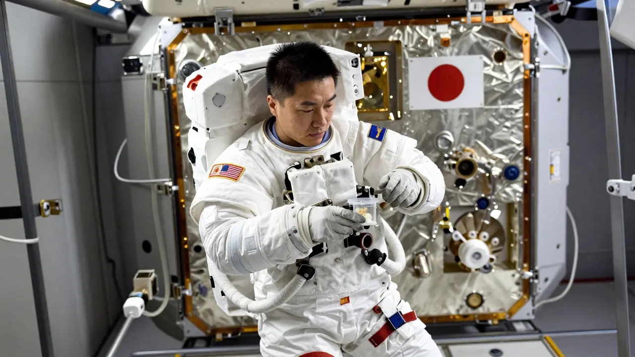 Astronaut conducting zero gravity experiment inside research module