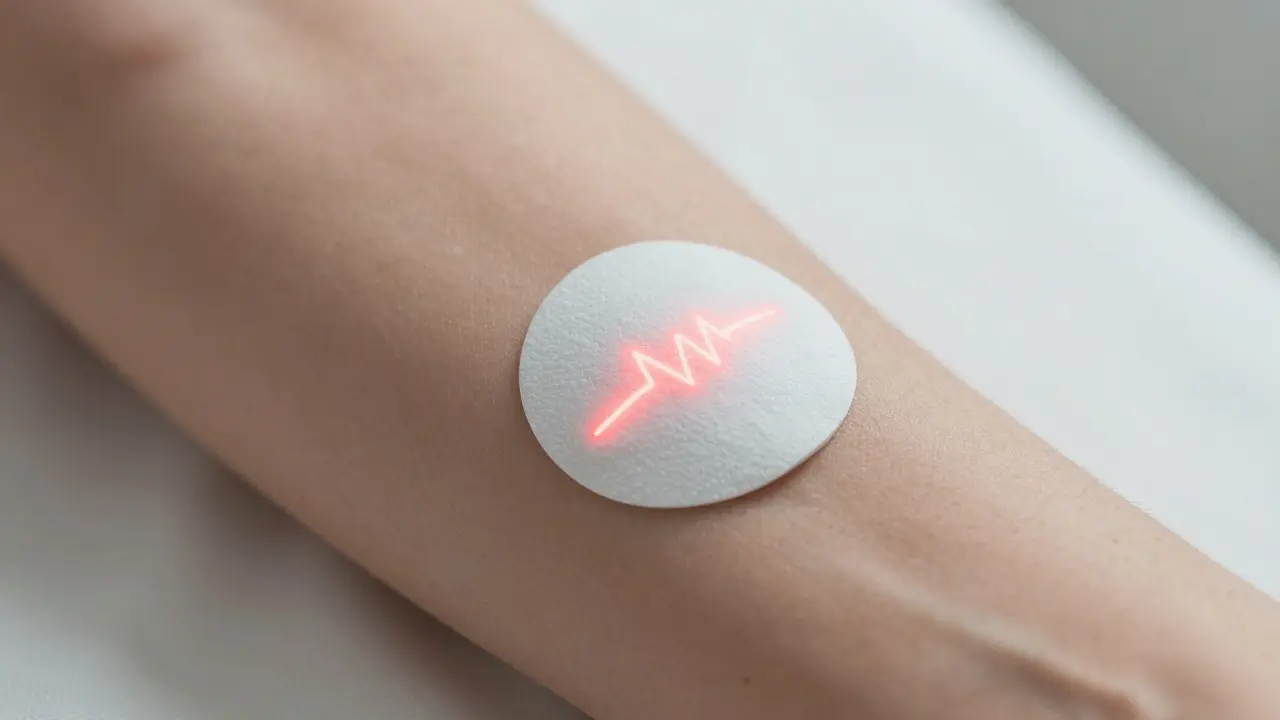 Close up of bio-sensor patch glowing on human skin surface