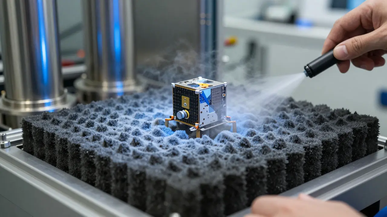 CubeSat component undergoing freeze testing with liquid nitrogen spray in lab