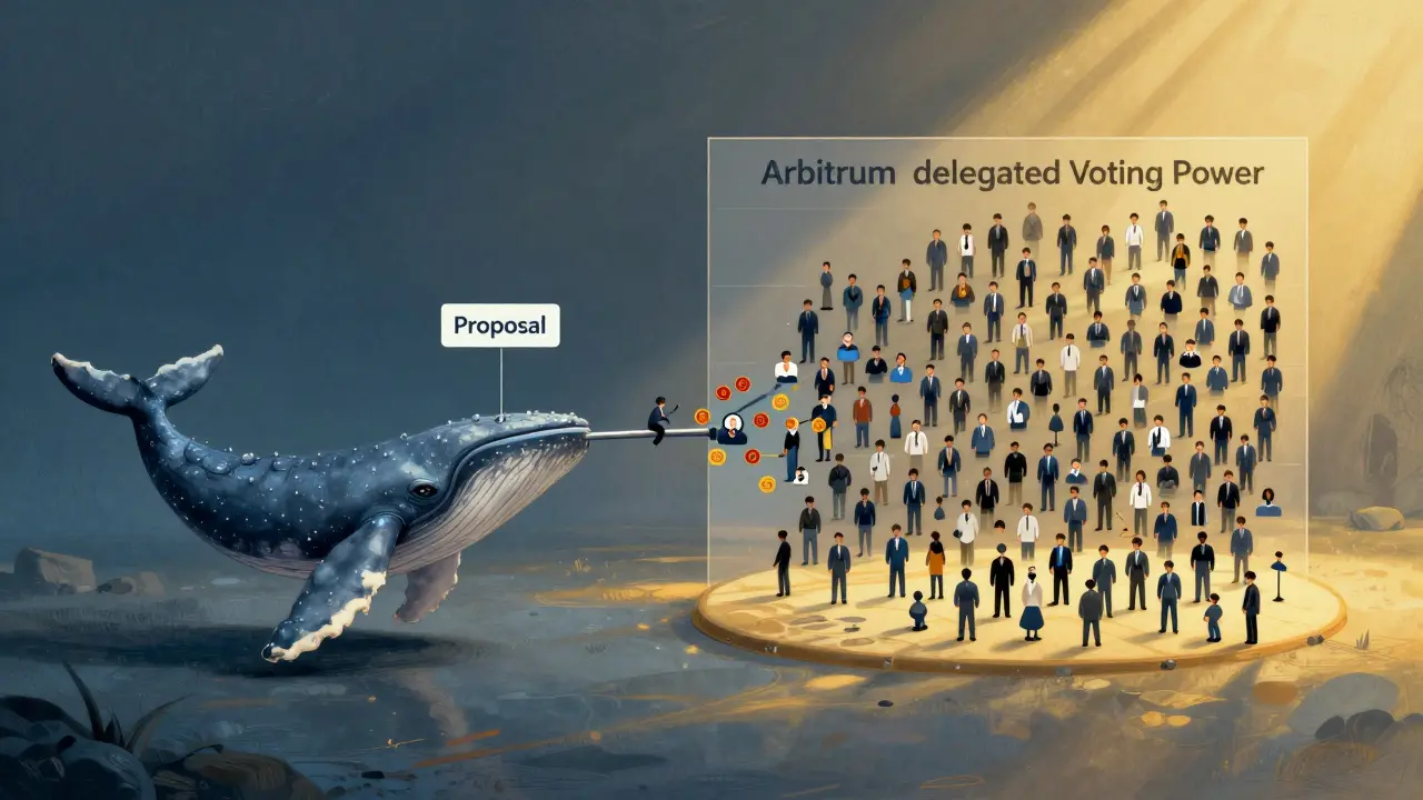 Delegated voting power system versus centralized whale control in a DAO, highlighting fair participation vs. domination.
