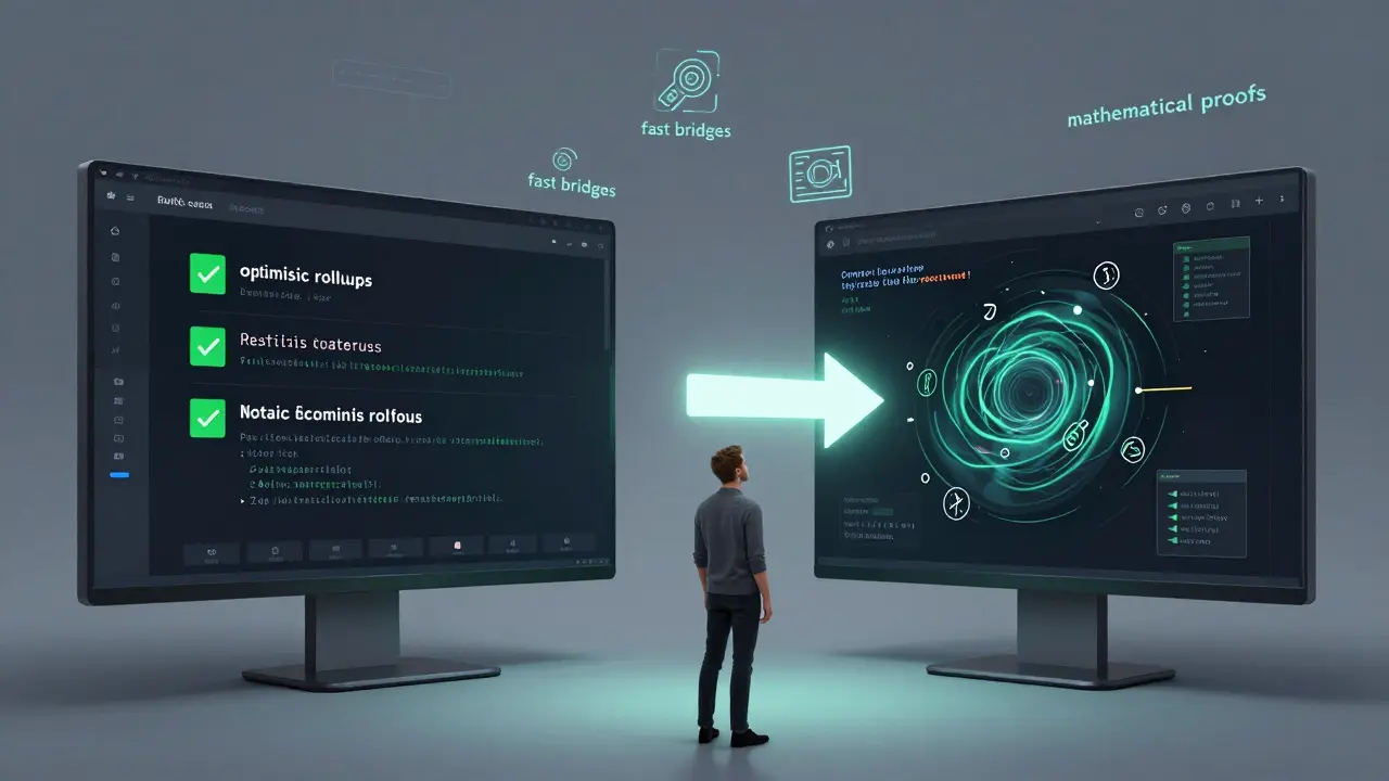 Developer facing two interfaces: simple EVM code versus complex zk-proof code with floating cryptographic tools.