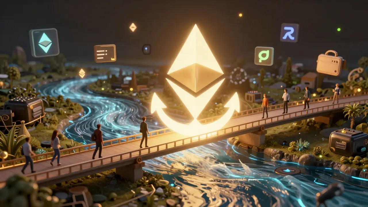 Ethereum anchor supporting Arbitrum and Optimism networks as flowing data rivers with users crossing bridges between them.