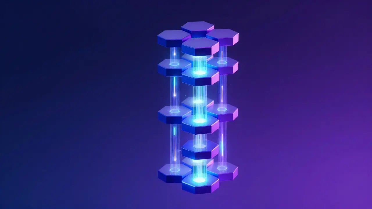 Floating hexagonal modules connected by neon streams in a gradient background.