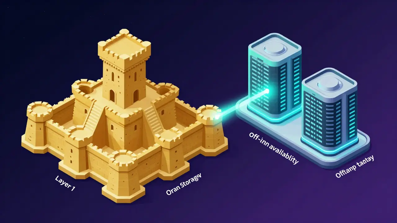 Fortress and data pod illustrating on-chain versus off-chain storage paths.