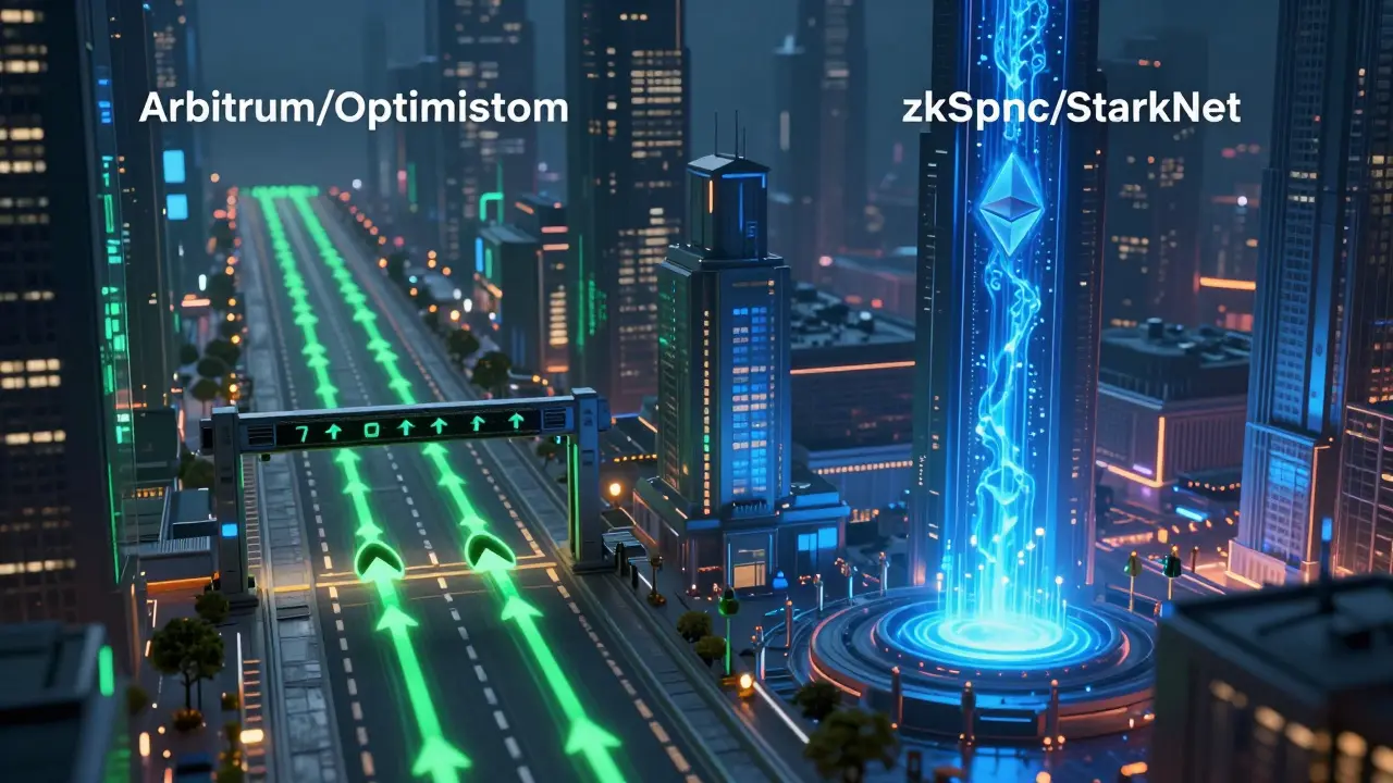 Futuristic city with two distinct districts representing different Layer 2 rollup types and transaction flows.