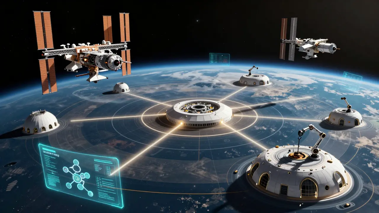 Futuristic illustration of commercial space research facilities orbiting planet