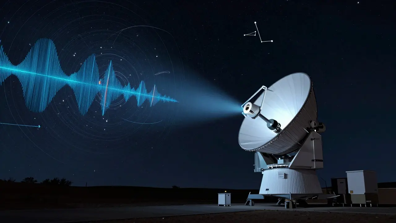 Ground station telescope detecting faint photons from deep space with orbital calculations overlay.