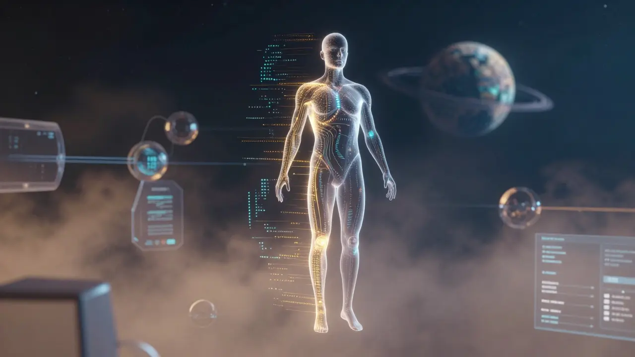 Holographic human figure made of data in outer space