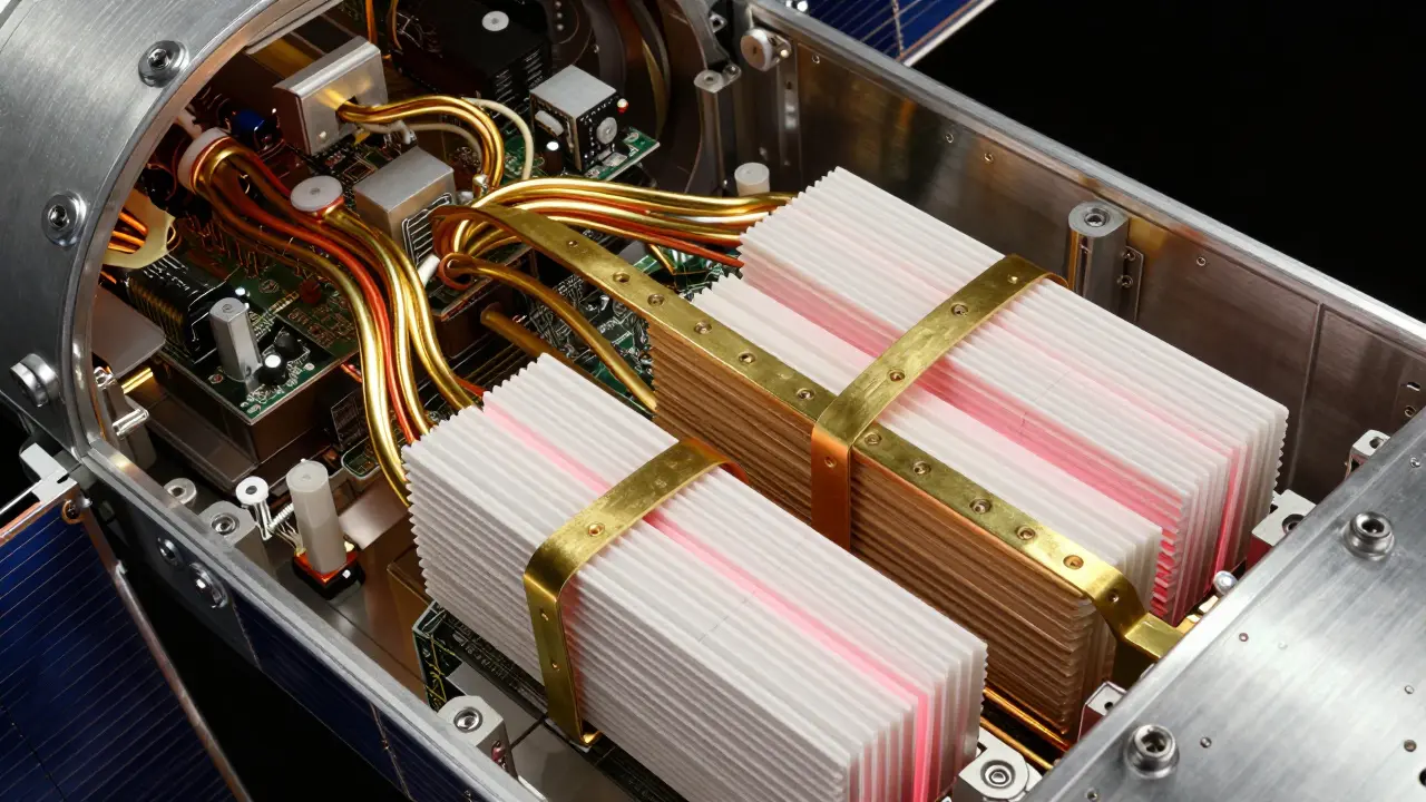 Internal cutaway of satellite thermal management system with heat straps and radiators