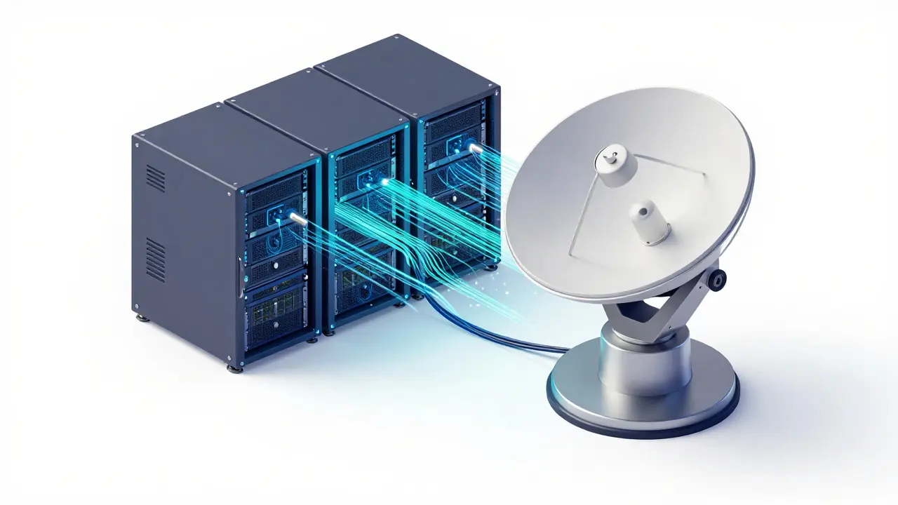 Isometric 3D render of a ground station antenna connected to cloud servers.