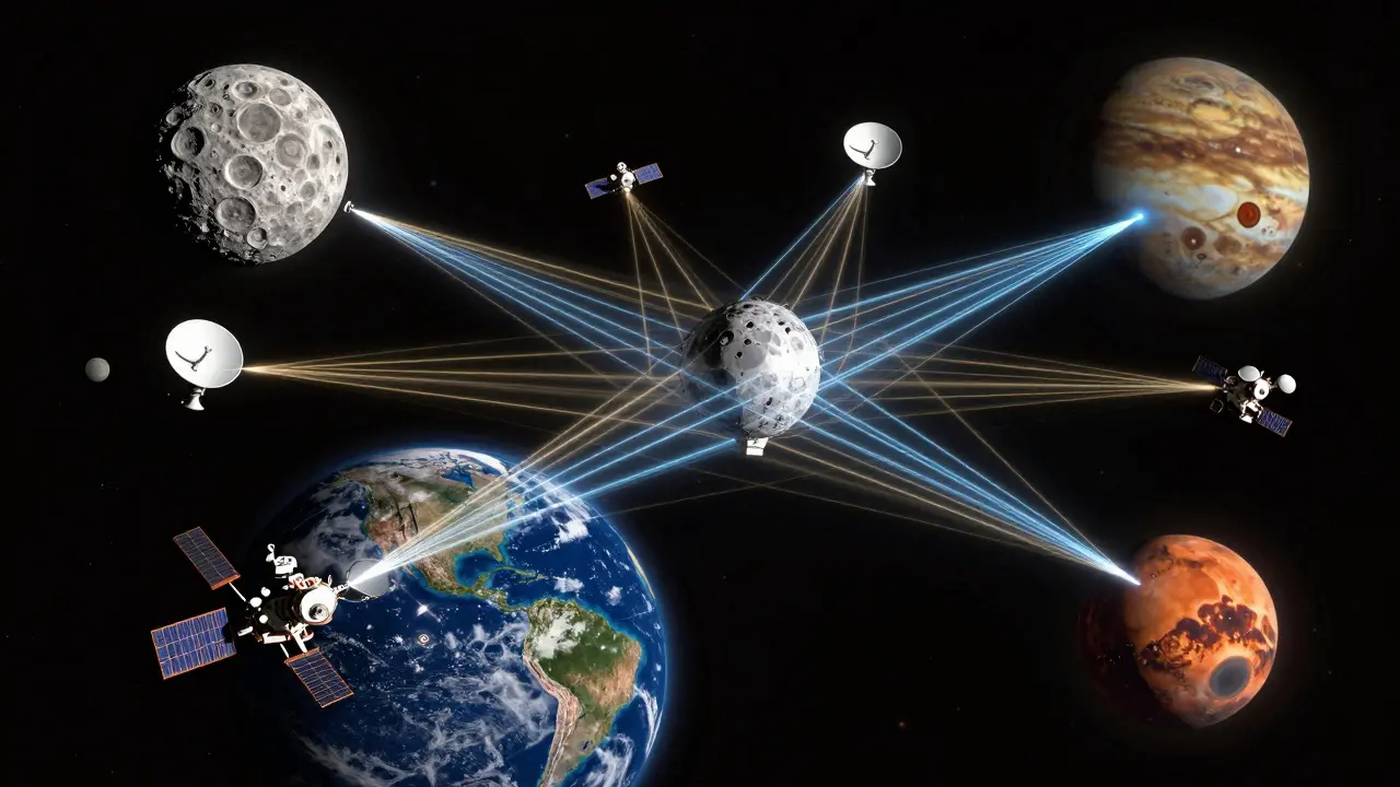 Laser network connecting Moon, Mars, and satellites across the solar system.