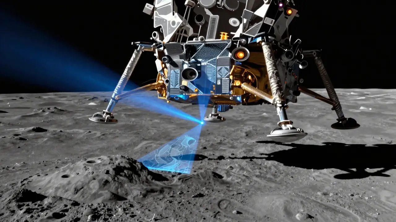 Laser scanning beams mapping lunar terrain from lander underside