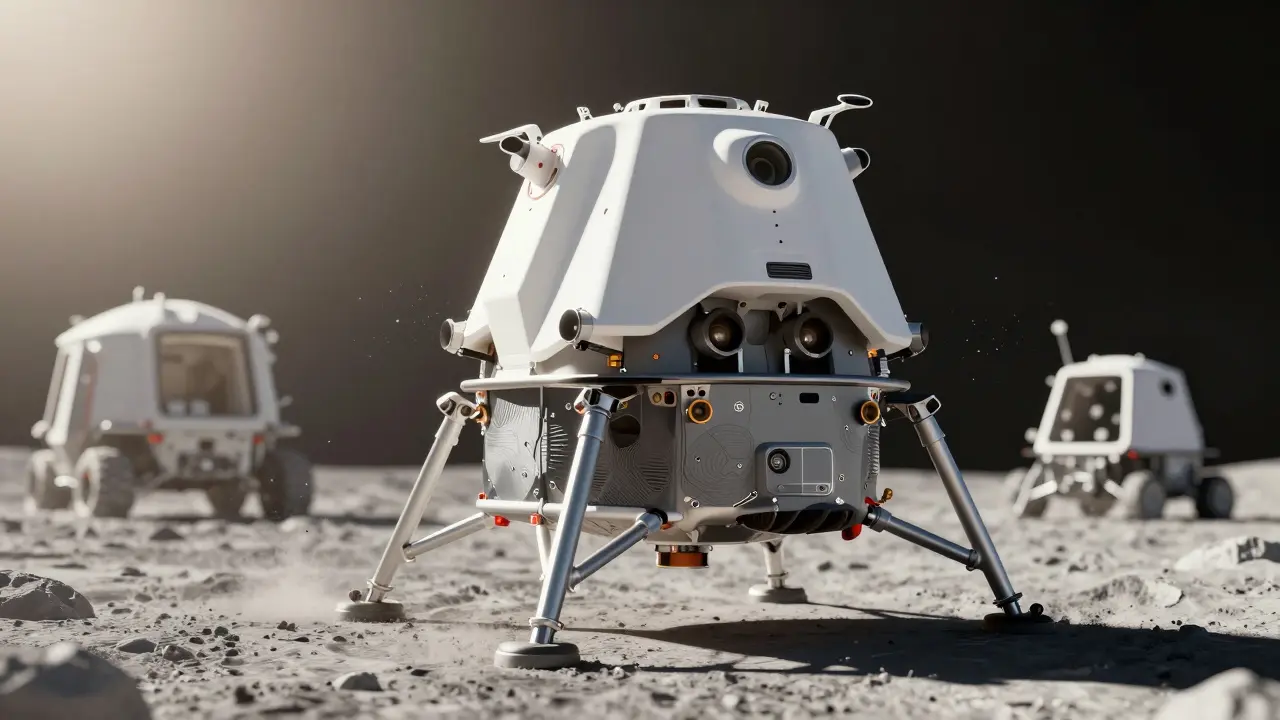 Modern sleek lander touching down gently on the moon surface