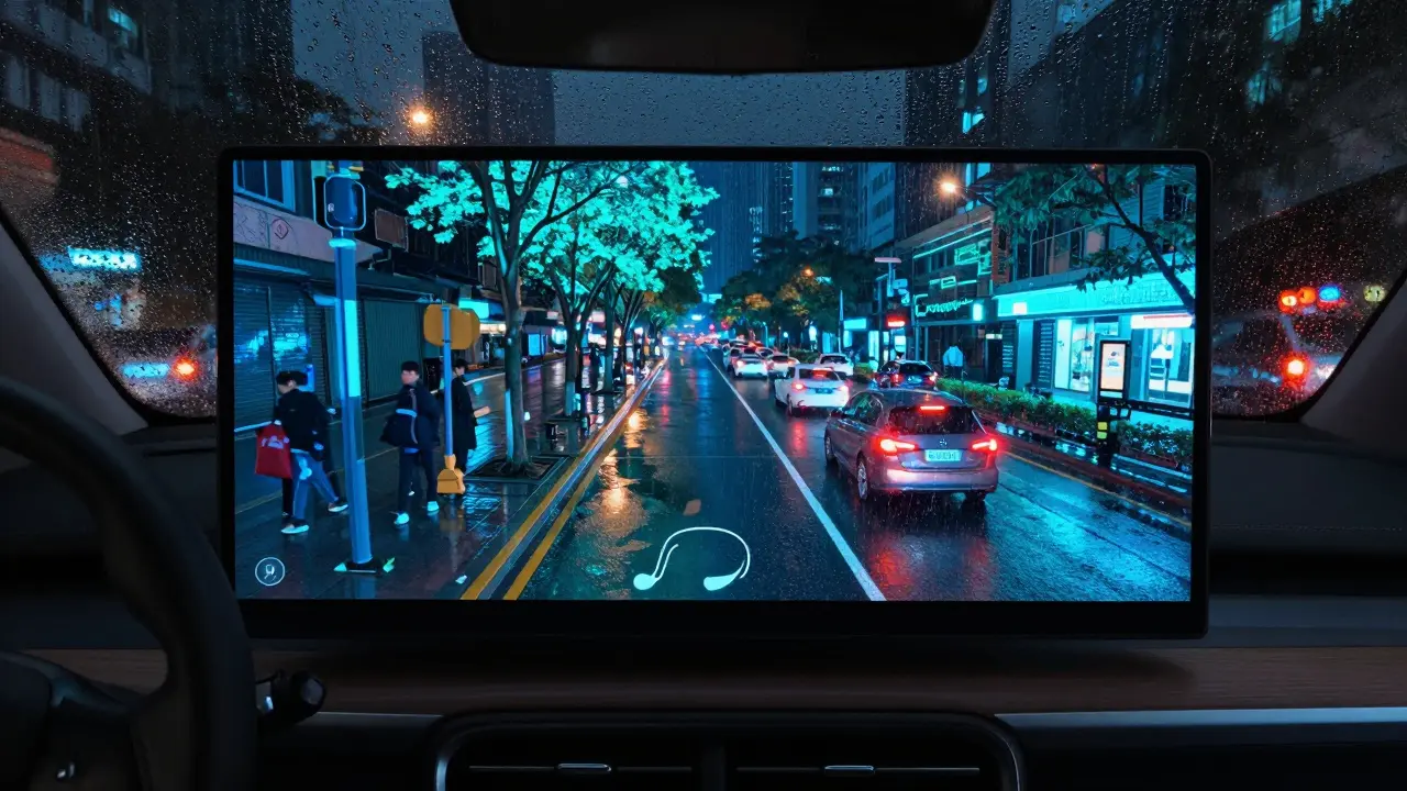 Real-time 3D LiDAR point cloud view inside a self-driving car navigating a rainy urban street at night.