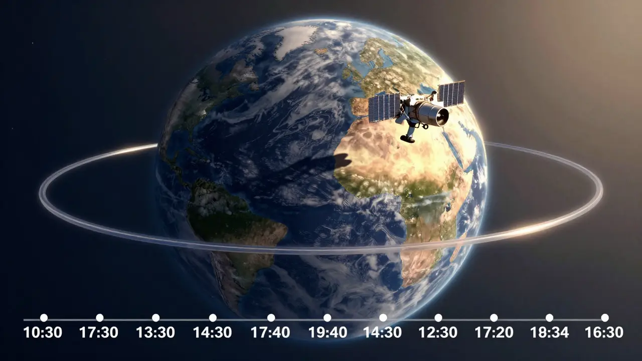 Satellite flying over Earth at consistent solar time, with identical lighting across days
