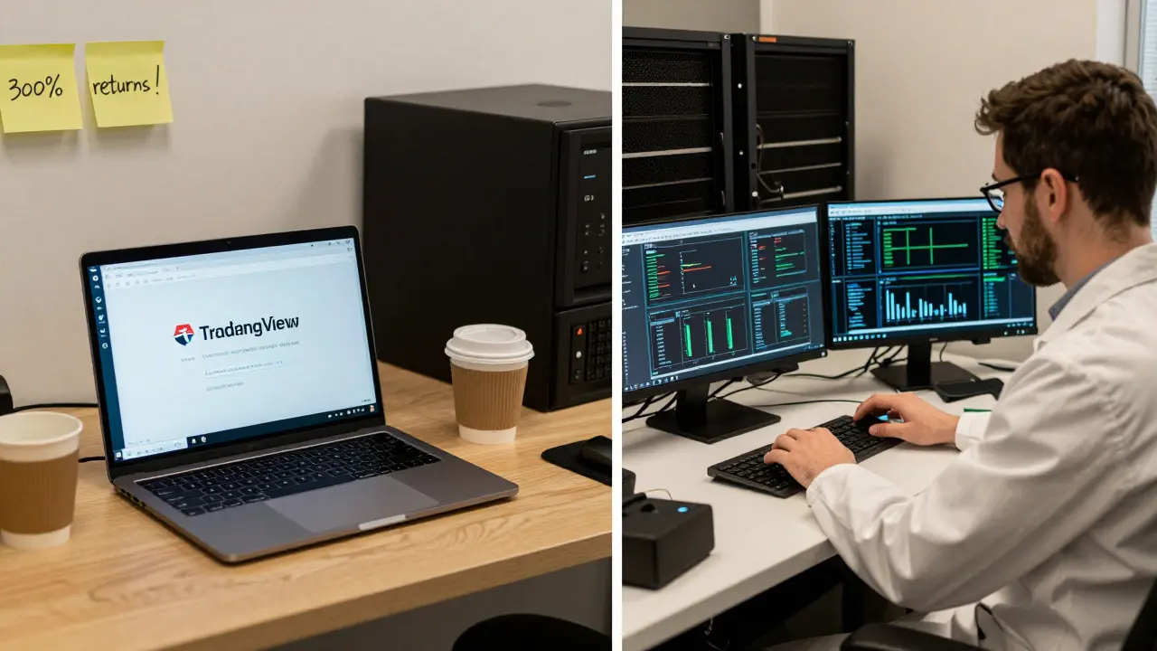 Side-by-side comparison: amateur trader using TradingView versus a professional quant lab with institutional data feeds.