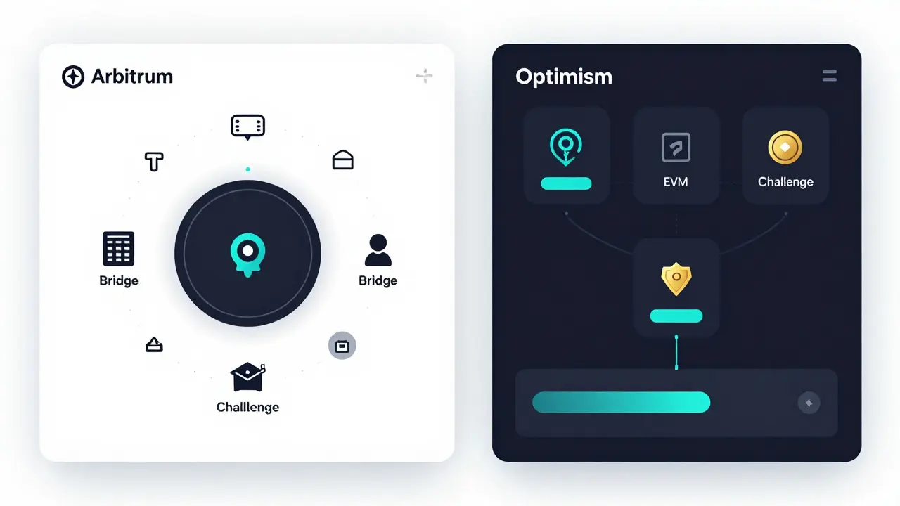 Side-by-side comparison of Arbitrum's universal bridge and Optimism's token-specific bridges with interface details.