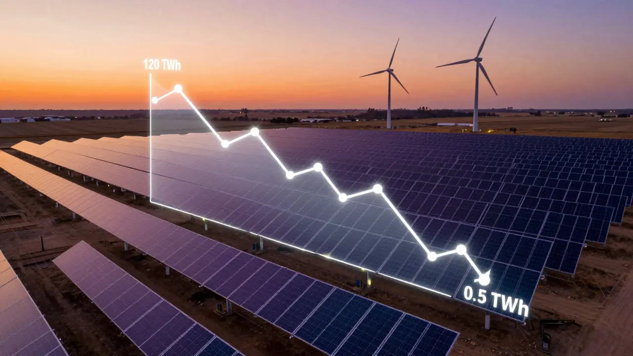 Solar panels powering Bitcoin mining rigs at sunset, with wind turbines and a declining energy usage graph in the background.