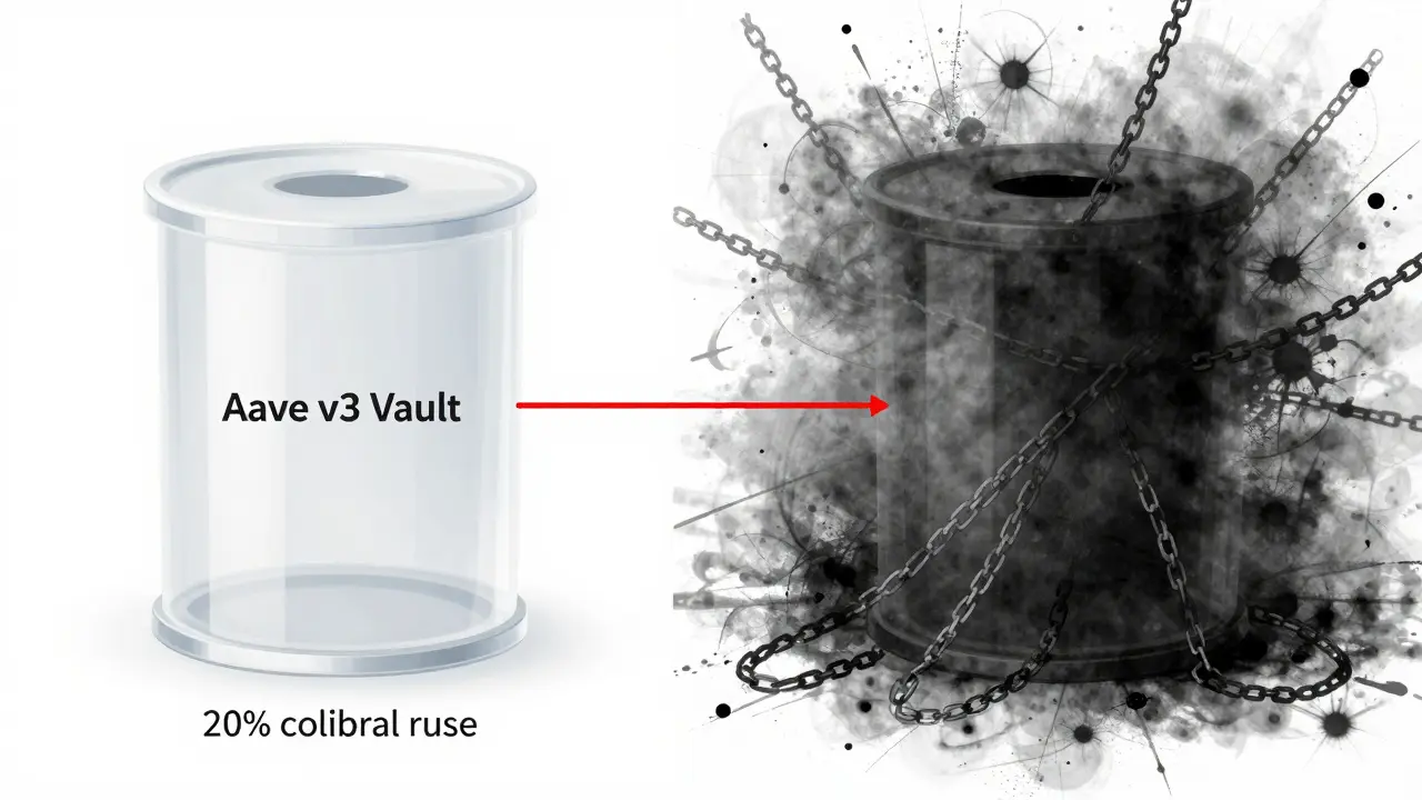 Split-screen: transparent DeFi vault with low reuse vs. hidden debt chains in murky opacity, symbolizing risk disparity.