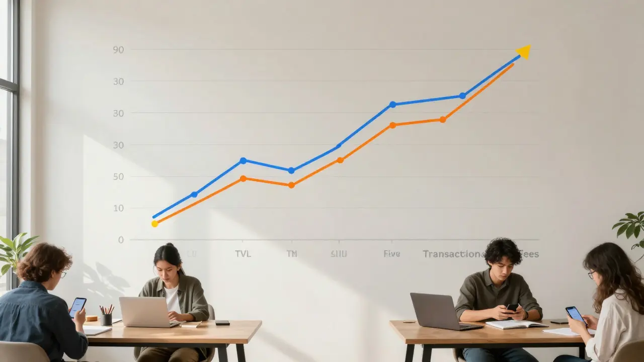 Three metrics rising steadily on a graph, with people using crypto quietly in a sunlit workspace.
