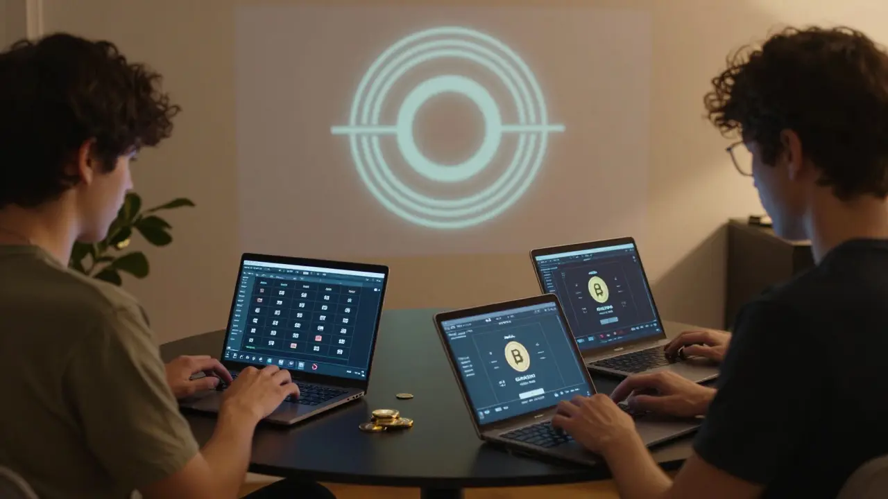 Three people delegating ADA coins on laptops, with a subtle Ouroboros symbol in the background.