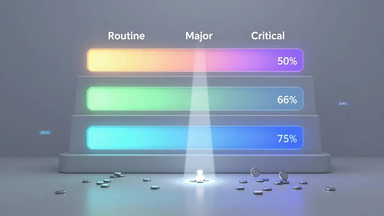 Three-tiered voting thresholds in a futuristic DAO interface, showing different approval levels for governance proposals.