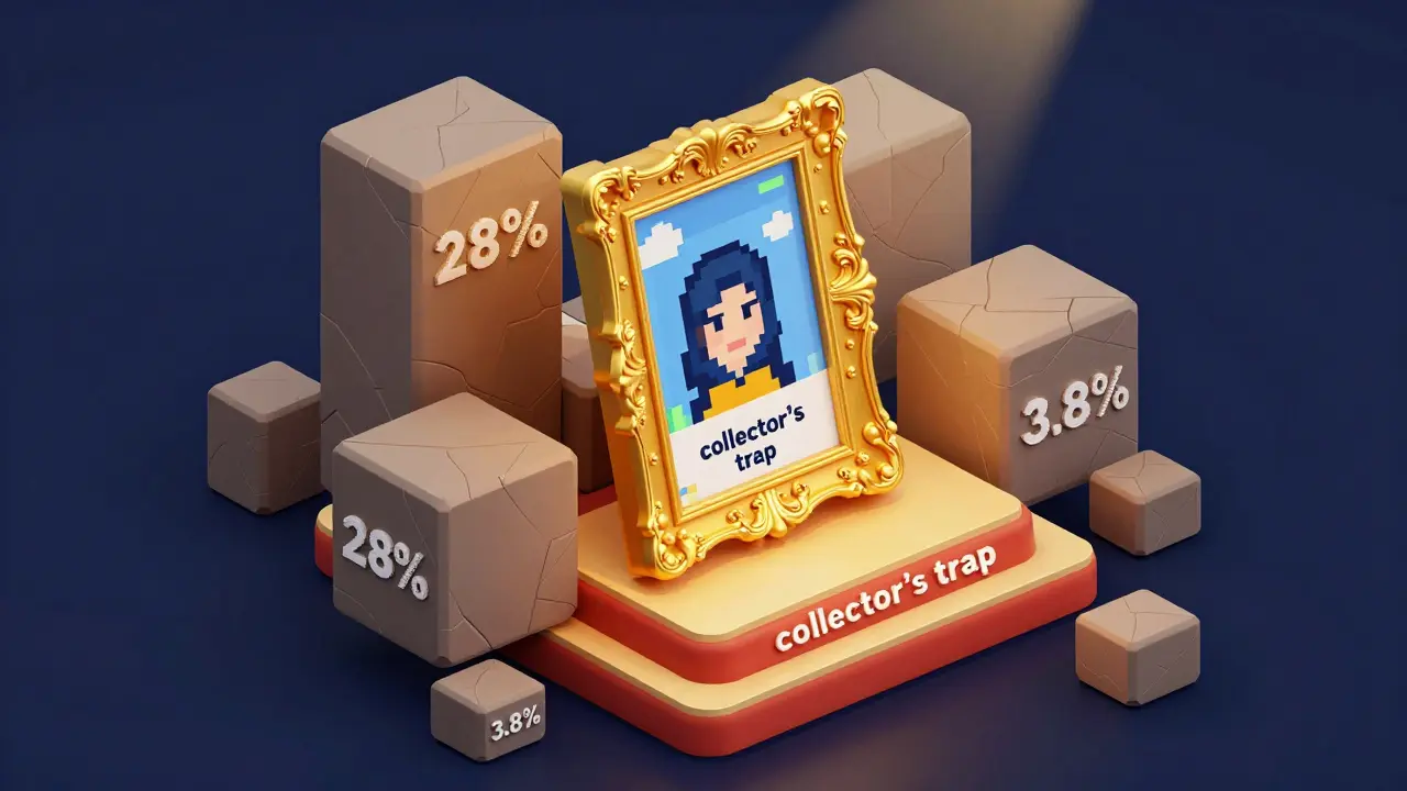 A 3D illustration of a digital art NFT surrounded by 28% and 3.8% tax weights