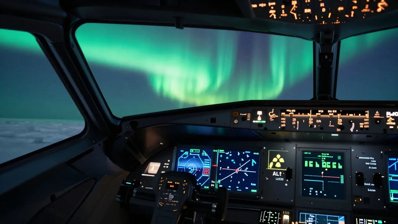 A commercial airplane cockpit showing a space weather radiation alert over a polar region.