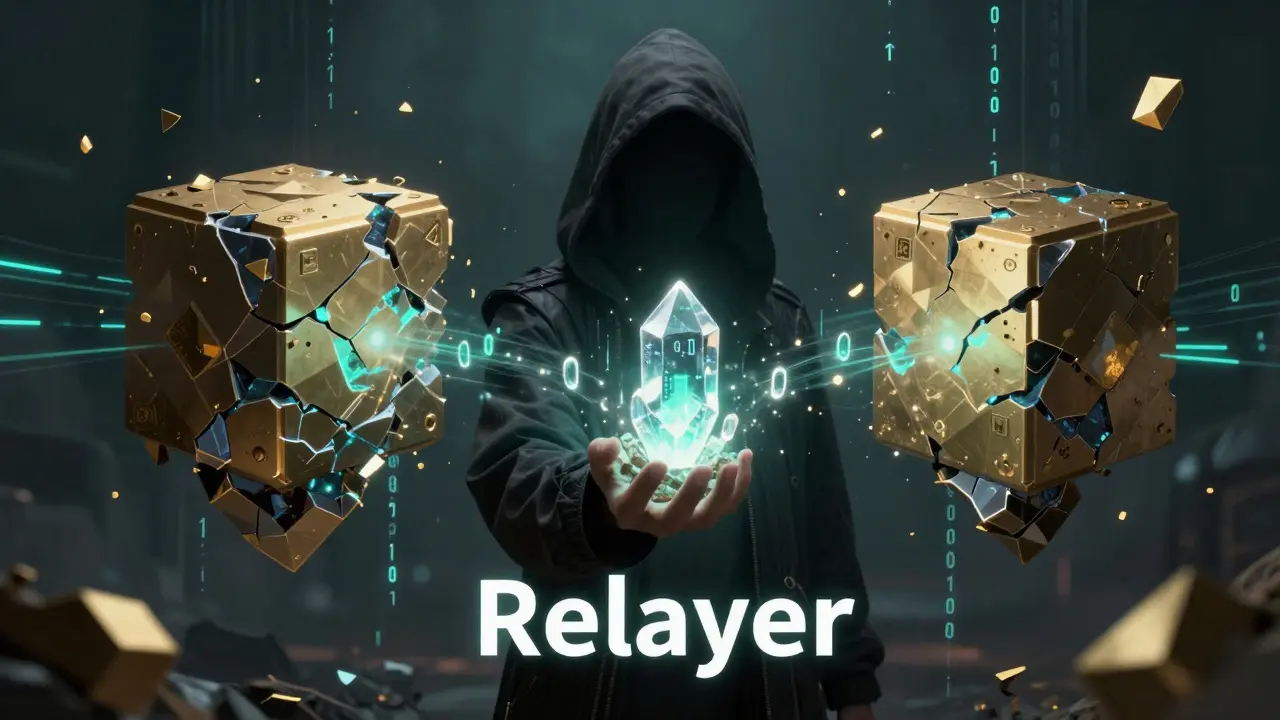 A digital messenger carrying a glowing data crystal between two blockchain monoliths.