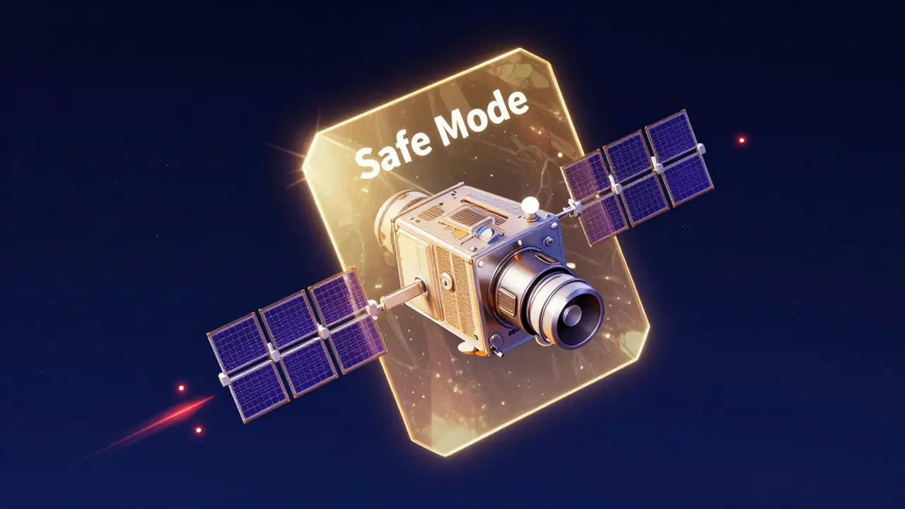 A futuristic satellite in space activating its safe mode to deflect radiation particles.