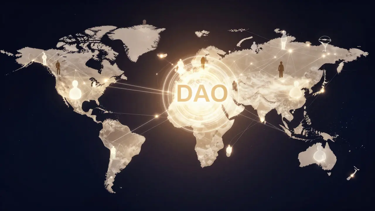 A global network of glowing nodes representing a decentralized community voting on a protocol.