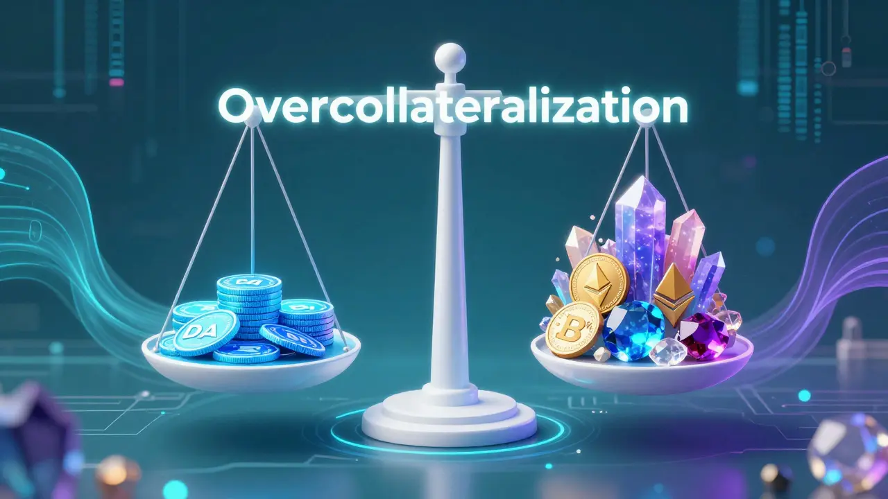 A holographic scale showing a large amount of crypto collateral backing a smaller amount of DAI.