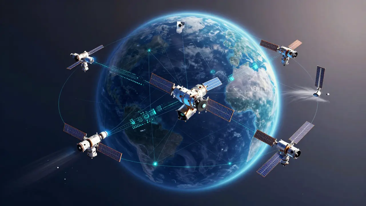 A network of autonomously spaced satellites in a ring around the Earth.