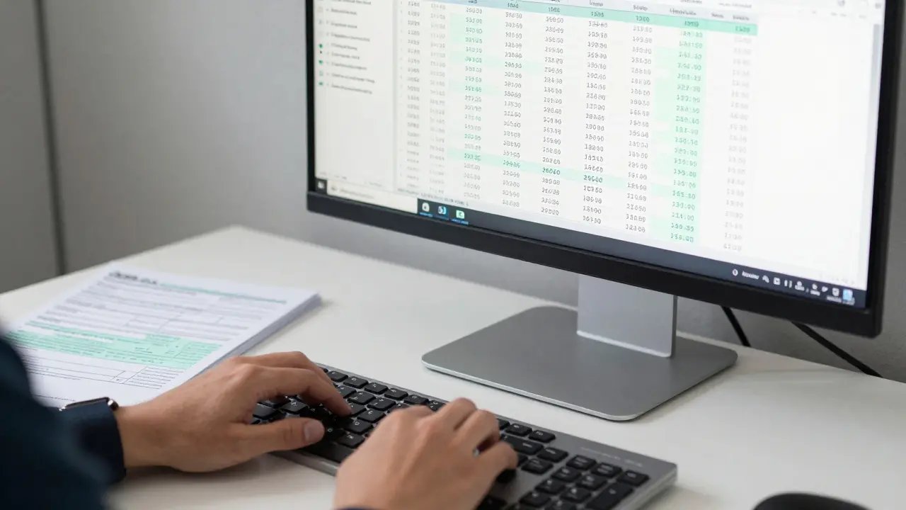 A person organizing NFT transaction data on a spreadsheet for tax reporting