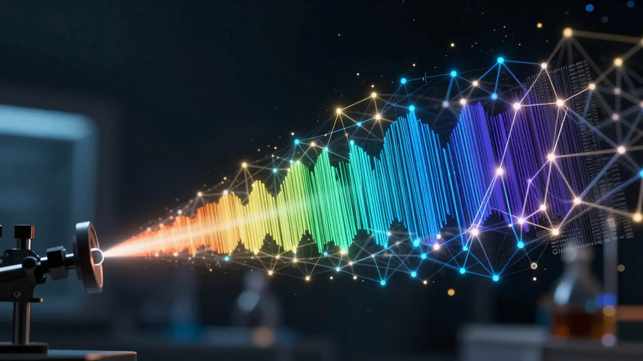 A stellar spectrum being analyzed and refined by a glowing digital AI neural network.